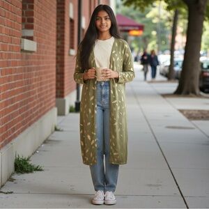 NYC Olive Feather Design Long Sleeve Cardigan